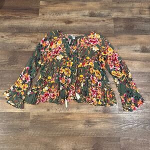 Lola P Blouse L Green Floral Peasant Boho Tie Tassel Festival Flare Sleeve READ